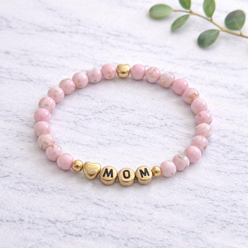 MOM Pink Shell Turquoise Stone Crystal Bracelet 6mm Beads Jewelry Gift Ready